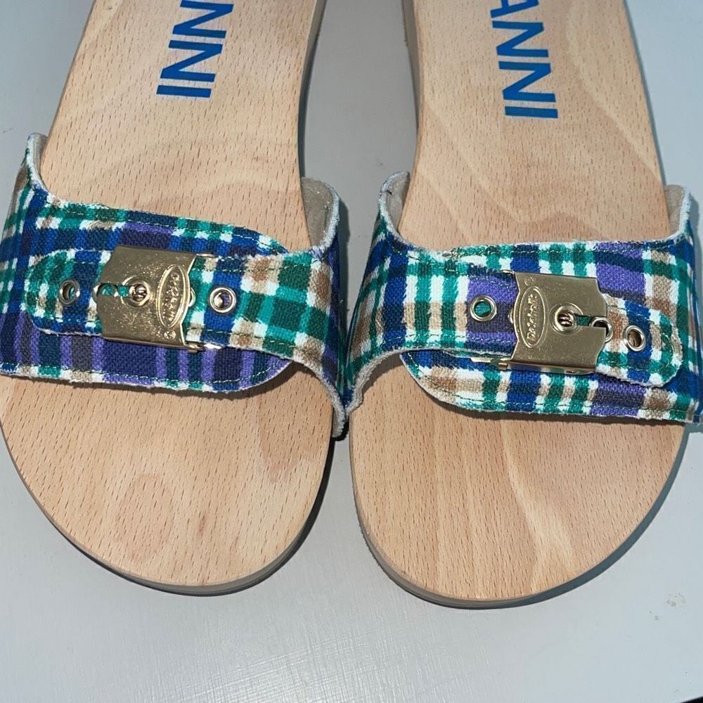 Ganni Dr Scholl’s Wooden‎ Clogs in Check Blue Iris Size 10 New - Picture 7 of 11